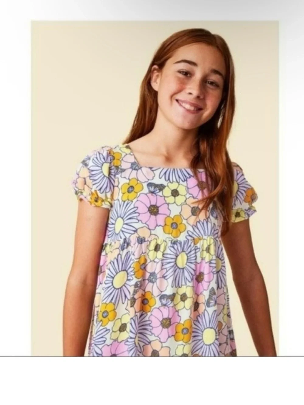 Girls floral mini dress flower floral daisy short sleeve purple pink yellow